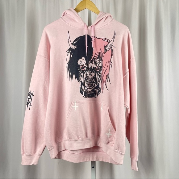 Lil Peep x Sus Boy XL Soft Pink Graphic Pullover Demon Hellboy Hoodie Rap Hiphop - Picture 1 of 8